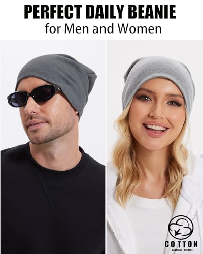 Thin 100% Cotton Fine-Knit Beanie Hat Slouchy Soft Chemo Skull Cap - color: 1-dark Grey