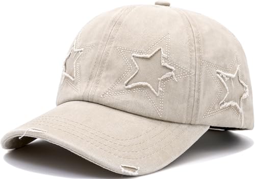 Retro Washed Distressed Baseball Cap with Five Pointed Stars for Women Men - color: Beige