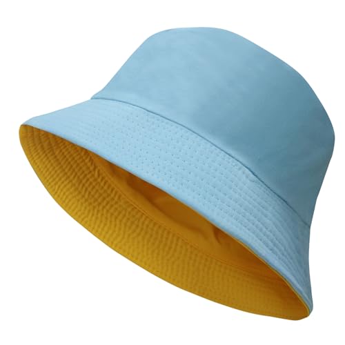 NPQQUAN Reversible Bucket Hats for Men Woman Packable Foldable Sun Hats for Women - color: Skyblue/Yellow(reversible)