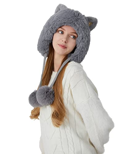 HUAMULAN Women Winter Sherpa Knit Beanie Hat Fleece Lined Ear Flaps - color: Grey Solid