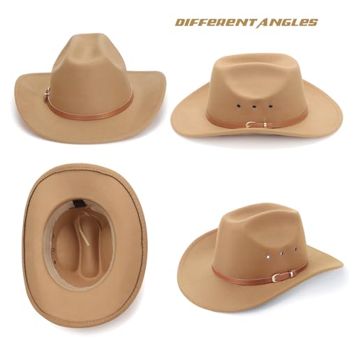 DRESHOW Western Cowboy Hat for Men Women Cowboy Cowgirl Hat Outdoor Wide Brim Retro Felt Fedora Hats Unisex Rolled up Caps - color: 1 Pack Style 5: Camel