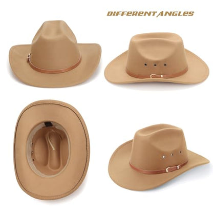 DRESHOW Western Cowboy Hat for Men Women Cowboy Cowgirl Hat Outdoor Wide Brim Retro Felt Fedora Hats Unisex Rolled up Caps - color: 1 Pack Style 5: Camel