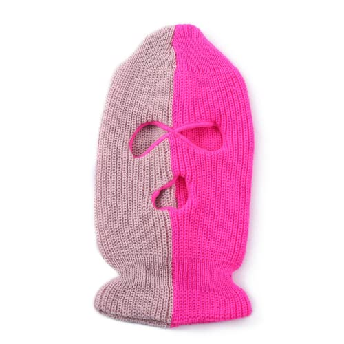 3-Hole Two Color Knitted Hat Ski Mask Balaclava, Full Face Mask for Cycling/Skiing Winter Outdoor Sports - color: Pink+rosered