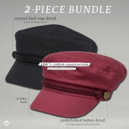 Funky Junque Greek Fisherman Newsboy Cap, Cotton Captains Bakerboy Hat - color: 2 Pack - Black & Burgundy