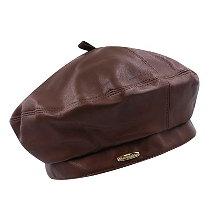 Women Classic PU Leather French Beret Beanie Hat Pumpkin Cap - color: Coffee 2#