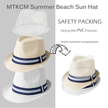 4 Pack Short Brim Straw Fedora Summer Beach Sun Hat Men - color: 2 Pcs Set L