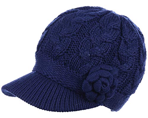 BYOS Womens Winter Chic Cable Warm Fleece Lined Crochet Knit Hat W/Visor Newsboy Cabbie Cap - color: Cable W/ Flower Navy