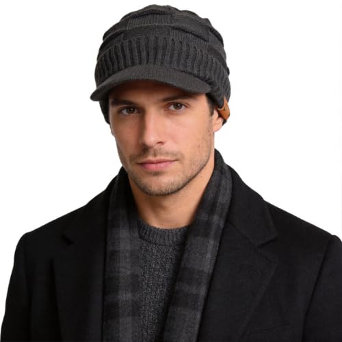 Ruphedy Mens Beanie with Brim Winter Hat Knitted Thick Fleece Visor Beanie - color: B322-grey