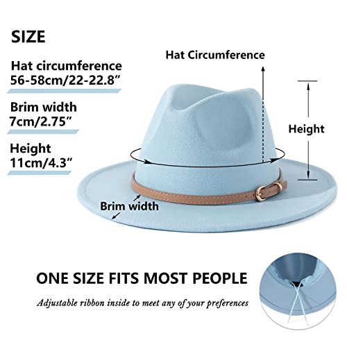 Lisianthus Women Classic Felt Fedora Wide Brim Hat with Belt Buckle - color: Light Sky Blue