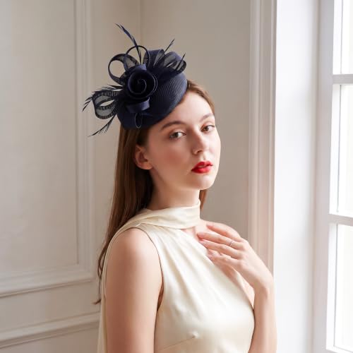 Flower Fascinator Hat Headband Clip for Women Tea Party - color: Navy-02