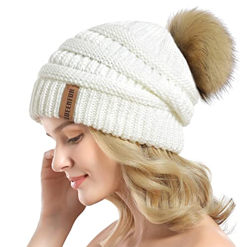 Women Knit Slouchy Beanie Chunky Baggy Hat with Faux Fur Pompom Winter Soft Warm Ski Cap - color: A4-white 2
