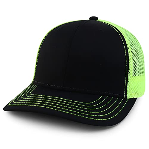 Armycrew Oversize XXL Low Profile Two Tone Mesh Back Trucker Baseball Cap - color: Black Neon Yellow