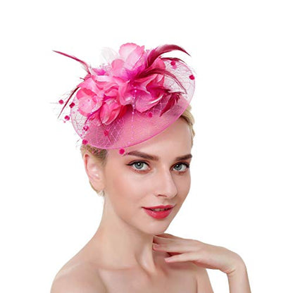 ACTLATI Fascinators Hat for Women Tea Party Headpiece Wedding Cocktail Flower Mesh Feathers Hair Clip 20s Flapper Fascinators - color: A10-rose Red