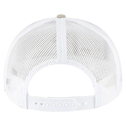Ashen Fane 6 Panel Mid Profile Mesh Back Structured Trucker Adjustable Snapback Hat - color: Chambray Khaki/White