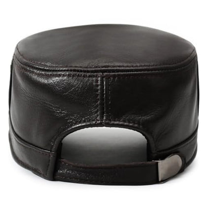 Leather Military Cap for Men Cadet Army Caps Style Flat Cap - color: Brown