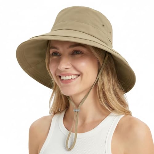 Women Summer Wide Brim Sun Hat UV Protection Ponytail Hole Waterproof Foldable Bucket Hat for Beach Hiking Travel - color: Light Khaki