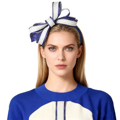 HIMESPORT Sinamay Fascinators Hats for Women Ladies Church Headdress Formal Tea Party Wedding Cocktail Derby Hat with Bowknot - color: Navy Blue and Beige