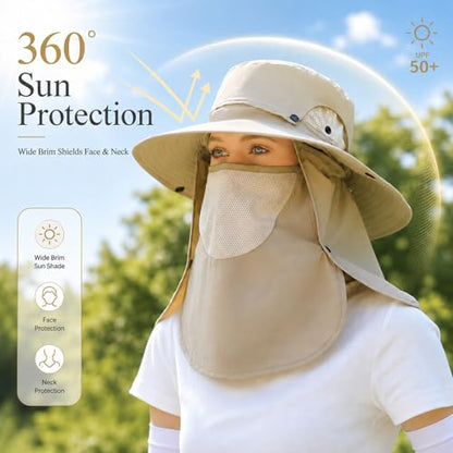 Men Women Safari Bucket Fishing Sun Hats Face Cover Neck Flap - color: Kcl015-beige