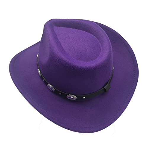 Classic Western Cowboy Hat Cowgirl Hat Unisex Men's & Women's Wide Brim Felt Fedora Hat Flat Top with Buckle Belt - color: Purple, size: 7-7 1/4