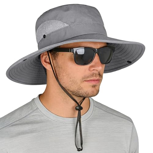 ZOORON Sun Hats for Men Women, Wide Brim Safari Hats UV Protection UPF50+ Waterproof Boonie Hats for Fishing Hiking Camping - color: 1pack-gray