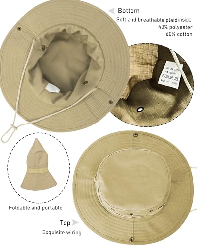 Cotton Fishing Bucket Hat Men Women Sun UV Protection Wind Chin Strap - color: Khaki - Wide Band