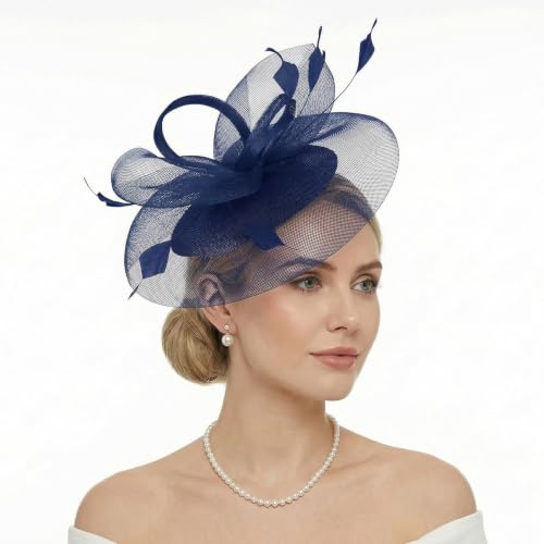 tiggell Fascinators Tea Party Hat for Women, Fascinator with Pillbox Hat - color: Navy Blue