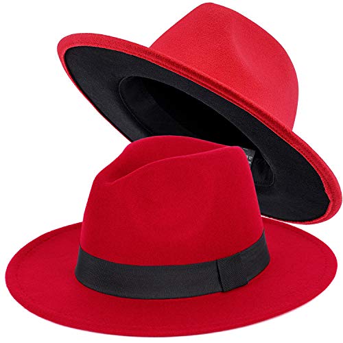 Trendy Fedora Hats for Men & Women Wide Brim Felt Hat Dress Panama Hat Two Tone Fedora - color: A Red-black, size: Medium