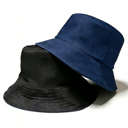 Bucket Hat for Men and Women 2-in-1 Reversible Sun Protection Fashion Flat Top Cap for Fishing Travel Beach Sports - color: Navy-black
