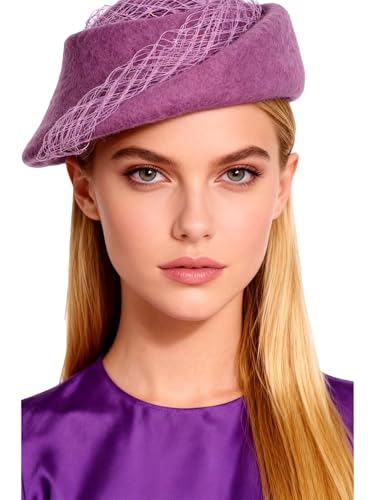 Small Top Hats for Women Elegant Winter Vintage Beret Wool Felt Fedoras Ladies Luxury Wedding and Church Cap Female - color: Purple 1