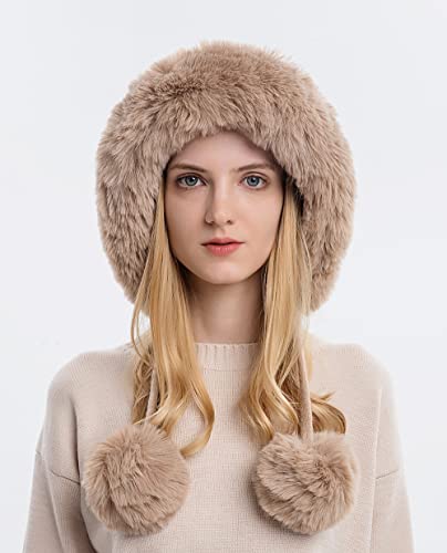 Winter Beanie Hats for Women with Ear Flaps Faux Fur Crochet Skull Cap Warm Outdoor Ski Snow Hats Pompoms - color: Khaki