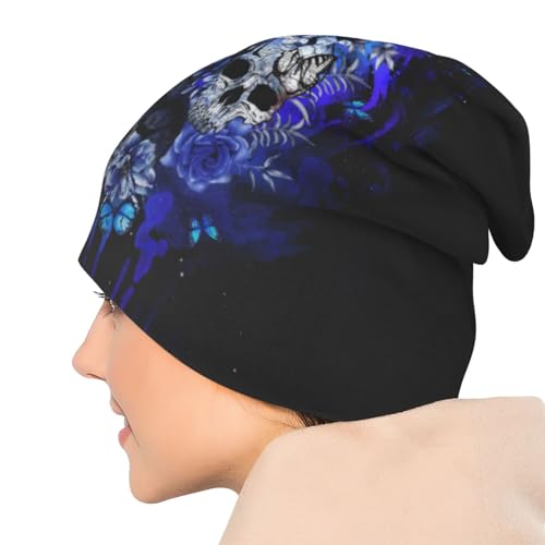 Flower Sugar Skull Beanie Hat Adult Skull Cap Warm Slouchy Knit Hat Headwear Gift for Men Women - color: Blue1