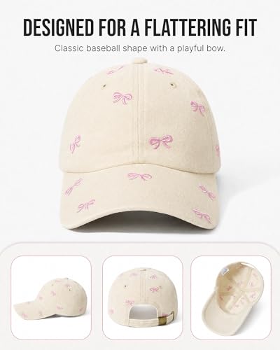 Jeasona Cute Hats for Women, Cute Bow Embroidery Baseball Cap Hat, Romantic Trendy Hat Cotton Adjustable Womens Hats - color: Cream
