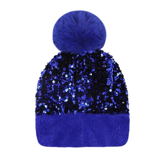 Women Girls Winter Sequin Beanie Hat with Faux Fur Pom Pom Knit Skull Cap - color: Blue