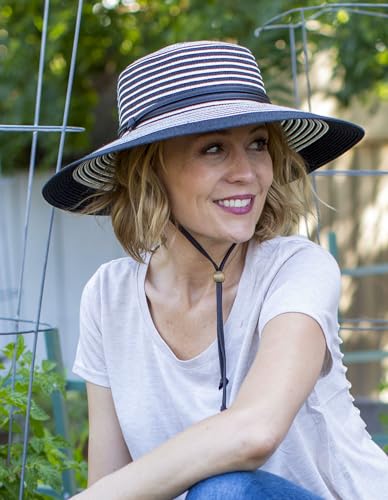 Sloggers Women's Wide Brim Braided Sun Hat with Wind Lanyard - UPF 50+ Maximum Sun Protection - color: Black White