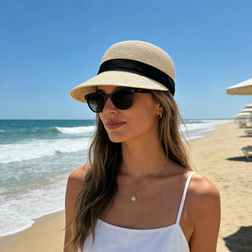 Wildarms Womens Packable Straw Visor Sun Beach Cap - color: Beige