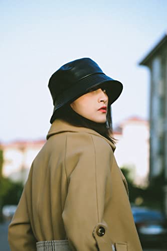 Eigso Unisex Womens Black Leather Bucket Hat Fashion Classic Vintage Hip Hop 80s Hiking Outdoor Fishrman Cap for Woman Man