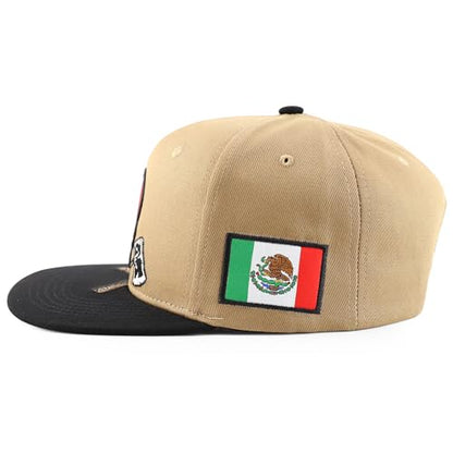 Trendy Apparel Shop Mexico Eagle Skull Head with Cross Axe Embroidered Snapback Cap - color: Khaki Black