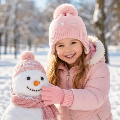 Girls Winter Hat and Gloves Set, Kids Cat Knit Beanie with Earflaps - color: Pink, size: 2-4 Years