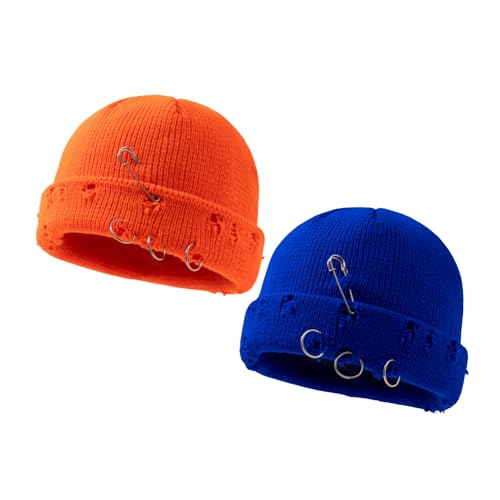 Unisex Adult Hip-hop Distressed Beanie with Iron Ring Punk Grunge Knitted Ripped Hat - color: 2 Pcs E