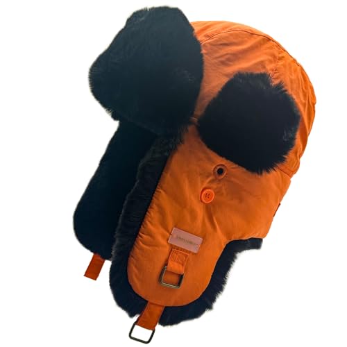 Winter Trapper Hat for Men and Women,Russian Ushanka Aviator Warm Cold Proof Ski Hunting Cycling Winter Hats - color: Orange Taslon Black Faux Fur, size: Large-X-Large