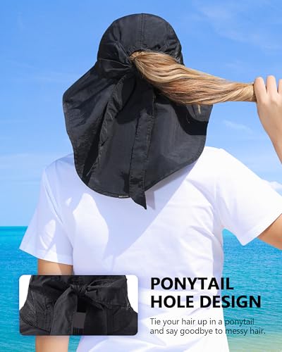 Womens Sun Hat Outdoor UV Protection Wide Brim Fishing Hat with Ponytail Hole Neck Flap for Beach Hiking Camping - color: Sun Hat-black