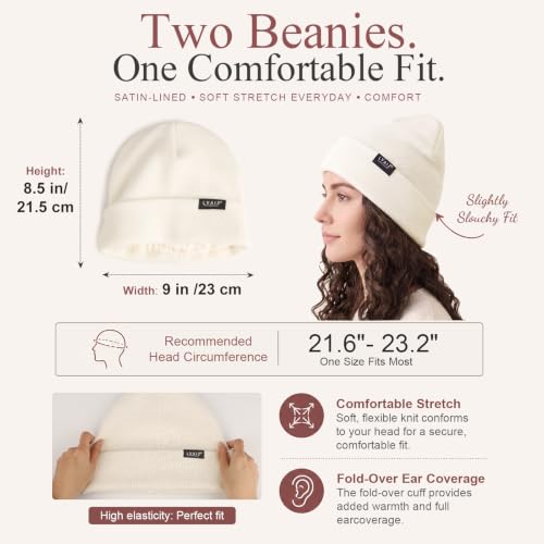 2 Pack Satin Lined Beanies for Men and Women Warm Cuffed Winter Hats - color: Black+white