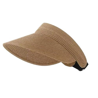 Women Foldable Straw Sun Visor, Packable Rollable Wide Brim Beach Hat, Adjustable Summer Visor for Travel Beach Golf - color: Khaki