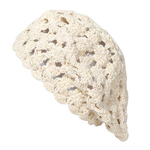ZLYC Women Cotton Slouchy Crochet Beret Handmade Cutout Floral Beanie Hat - color: Beige