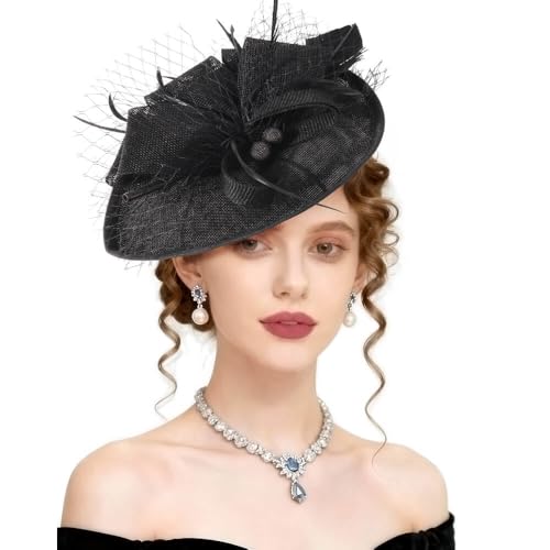 AQOKKA Women Fascinators Hats Flower Mesh Feathers Headband Clip - color: 1 Pc Feather Fascinators : Black