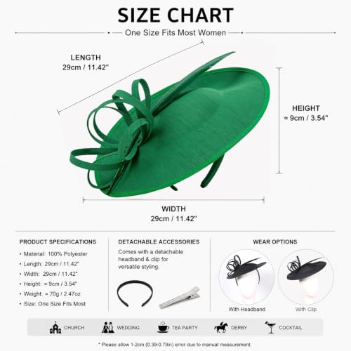 Women's Fascinators Feather Polyester Kentucky Derby Saucer Hats with Headband - color: Green