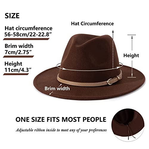 Lisianthus Women Classic Felt Fedora Wide Brim Hat with Belt Buckle - color: Coffee