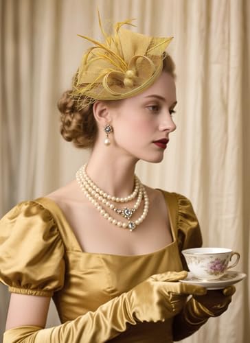 Zinniday Fascinator Tea Party Hat - 2026 Derby Pillbox Kentucky Hat for Women (7.87x5.9inch) - color: Gold