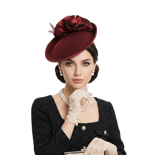 Women's Fascinators Wool Felt Pillbox Hat For Church Derby Party Wedding - color: A Wine Red, size: Small-Medium