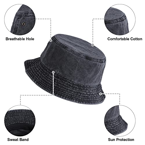 Washed Cotton Bucket Hats Packable Summer Beach Cap for Men Women - color: Ce-bh-black-white-gray